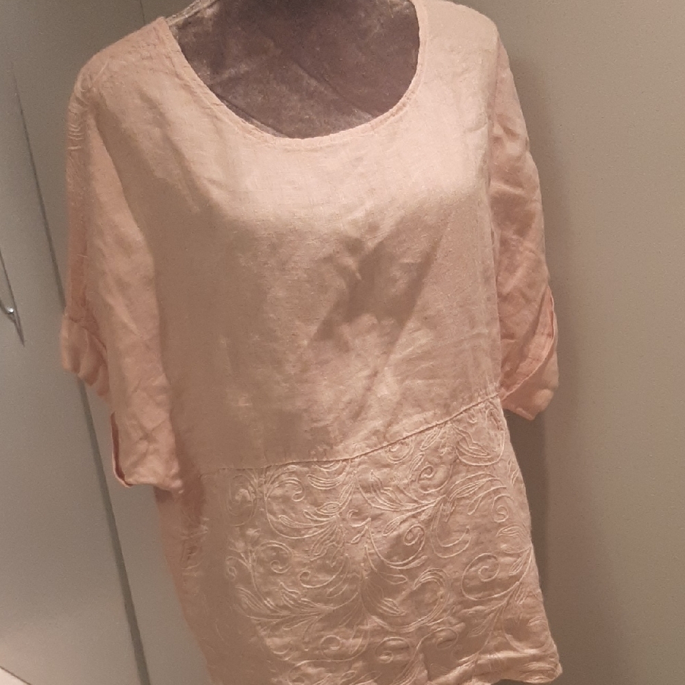 LINEN/COTTON❣SOFTPink Women's Blouse with Embroidery OVERSIZE S - Picture 1 of 7